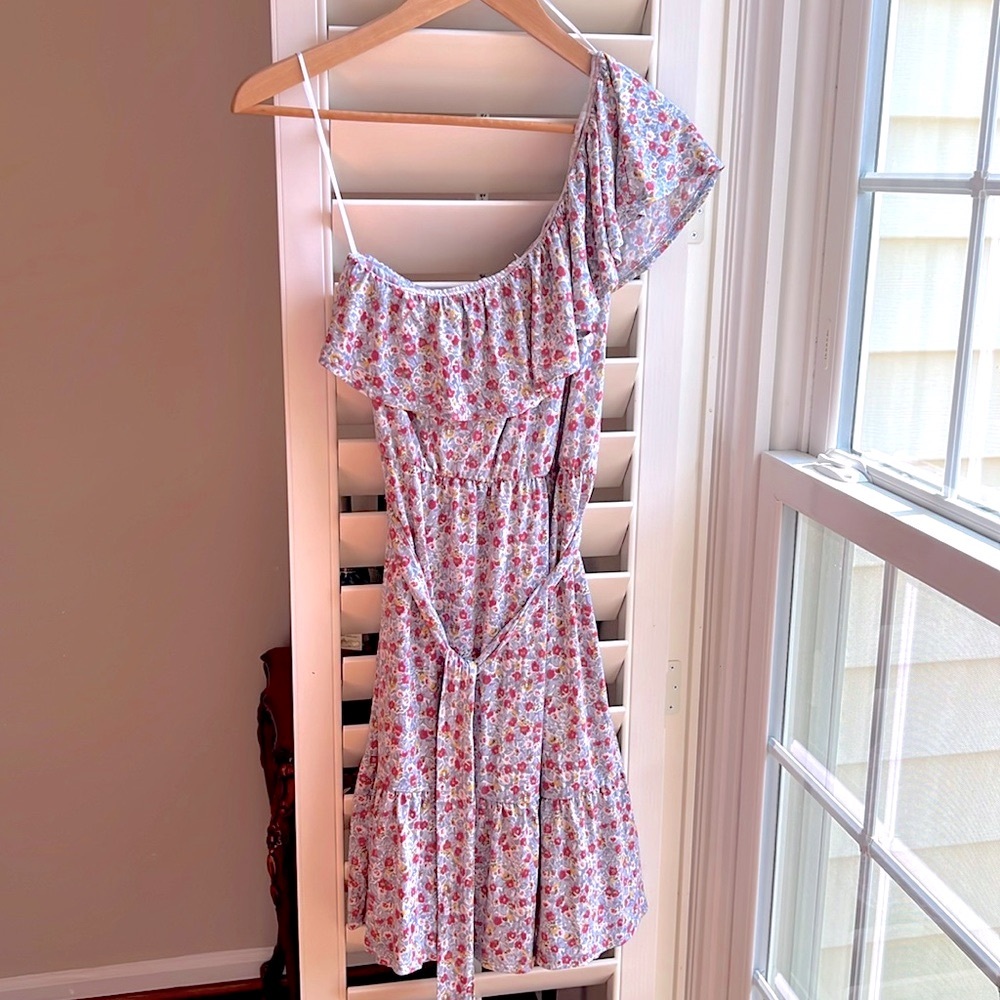 Heatherly Floral One Shoulder Tie Belt Stretch Dress S